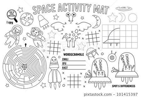 Vector space placemat for kids. Fairytale printable activity mat with maze, tic tac toe charts, connect the dots, find difference. Black and white play mat or coloring page Vector space placemat for kids. Fairytale printable activity mat with maze, tic tac toe charts, connect the dots, find difference. Black and white play mat or coloring page 101415397