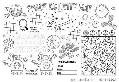 Vector space placemat for kids. Fairytale printable activity mat with maze, tic tac toe charts, connect the dots, find difference. Black and white play mat or coloring page Vector space placemat for kids. Fairytale printable activity mat with maze, tic tac toe charts, connect the dots, find difference. Black and white play mat or coloring page 101415398