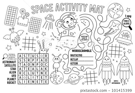 Vector space placemat for kids. Fairytale printable activity mat with maze, tic tac toe charts, connect the dots, find difference. Black and white play mat or coloring page 101415399