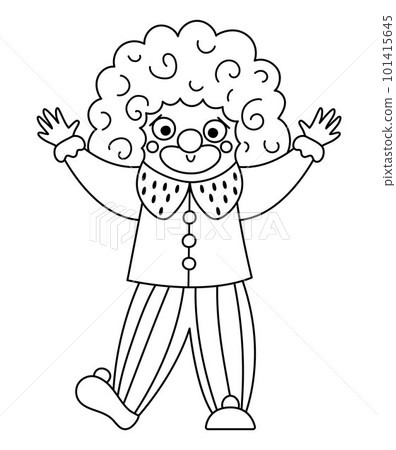 Vector clown line icon. Black and white circus artist clipart. Amusement holiday man. Cute funny festival character coloring page. Street show comedian illustration with hands up Vector clown line icon. Black and white circus artist clipart. Amusement holiday man. Cute funny festival character coloring page. Street show comedian illustration with hands up 101415645