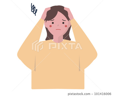 不耐煩的女人。抱著頭,憂慮,煩惱,頭痛。矢量圖 不耐煩的女人。抱著頭,憂慮,煩惱,頭痛。矢量圖 101416006