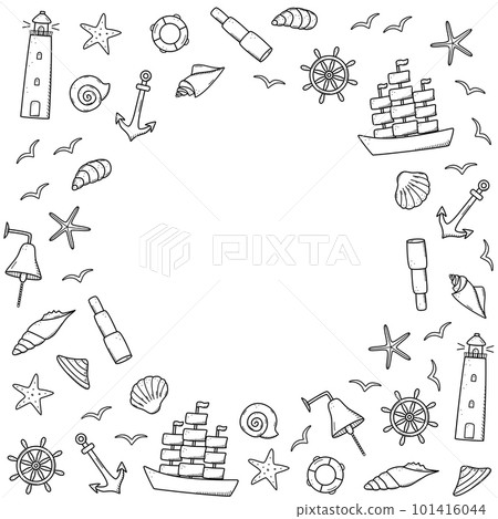 Sea set of elements, doodle icons of sea life. Ship telescope shells, lifebuoy anchor steering wheel bull, lighthouse and seagulls. Vector illustration, symbols of sailors or pirates. 101416044