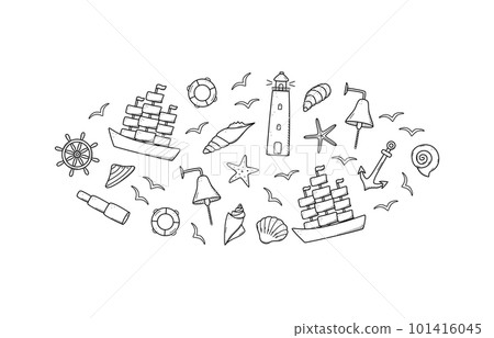 Sea set of elements, doodle icons of sea life. Ship telescope shells, lifebuoy anchor steering wheel bull, lighthouse and seagulls. Vector illustration, symbols of sailors or pirates. 101416045