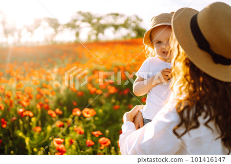 Mom and little daughter are playing in the field of flowering poppies. 101416147