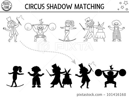 Circus black and white shadow matching activity with cute performers. Amusement puzzle with artists. Find correct silhouette printable worksheet or game. Entertainment coloring page 101416168