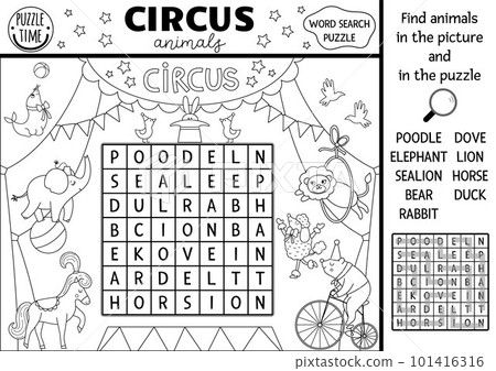 Vector circus wordsearch puzzle for kids. Simple black and white amusement crossword with funny animal performers on the stage. Line activity with lion, bear, rabbit. Cross word coloring page Vector circus wordsearch puzzle for kids. Simple black and white amusement crossword with funny animal performers on the stage. Line activity with lion, bear, rabbit. Cross word coloring page 101416316