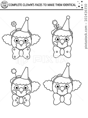 Black and white find differences, logical and drawing game for kids. Circus educational activity with funny clown face. Complete picture printable worksheet. Cute puzzle or coloring page Black and white find differences, logical and drawing game for kids. Circus educational activity with funny clown face. Complete picture printable worksheet. Cute puzzle or coloring page 101416350