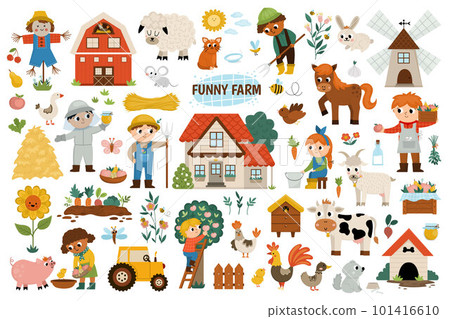 Big vector farm set. Rural icons collection with funny kid farmers, barn, country house, animals, birds, tractor, windmill, hay stacks, fruit, vegetables, beehive. Cute flat village or garden 101416610
