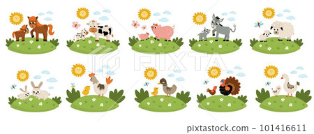 Vector farm animal scenes set. Collection with cow, horse, goat, sheep, duck, hen, pig and their babies. Cute country mother and baby illustration with grass background, sun, clouds 101416611