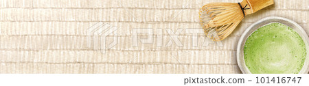 榻榻米房間的茶道抹茶和茶拂背景框架水彩插圖 101416747