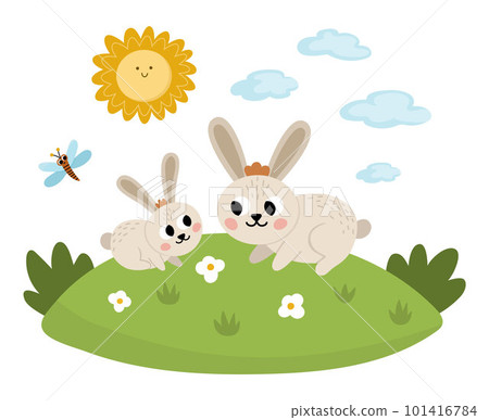 Vector rabbit with baby on a lawn under the sun. Cute cartoon family scene illustration for kids. Farm animals on natural background. Colorful flat mother and baby picture for children 101416784