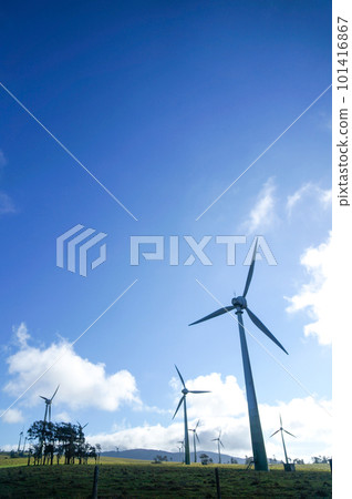 Wind-powered windmills lining the Atherton Tablelands Wind-powered windmills lining the Atherton Tablelands 101416867