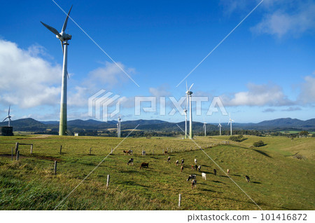 阿瑟頓高原牧場和風力渦輪機的清新景色 101416872