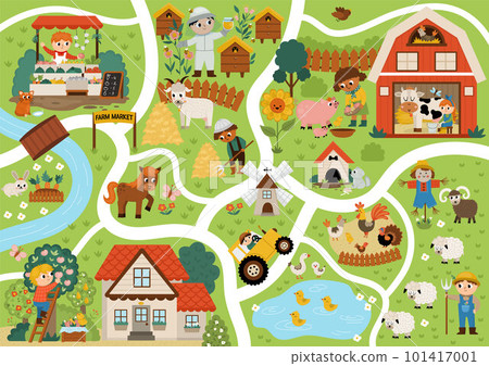 Farm village map. Country life background. Vector rural area scenes infographic elements with animals, children, barn, tractor. Countryside plan with field, pasture, apiary, cottage, garden, market 101417001