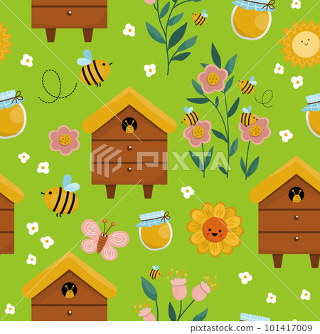 Vector apiary seamless pattern. Farm honey making repeat background. Cute beekeeping digital paper with beehive, flowers, sunflower, flowers, jar, butterfly, sun. Bee house texture. 101417009