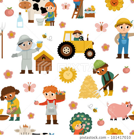 Vector seamless pattern with farmers. Repeat background with cute kids doing agricultural work. Rural country scenes digital paper. Funny farm illustration with cartoon boys and girls 101417010