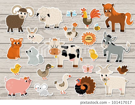 Vector farm animal and birds stickers set. Rural patches icons with cow, horse, goat, sheep, duck, hen, pig. Countryside illustration pack. Cute rural themed nature collection on wooden background 101417017