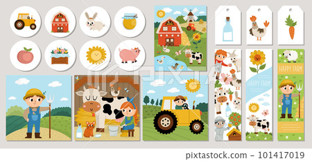 Cute farm cards set with farmer, barn, animals and birds. Vector country village square, round, vertical print templates. Countryside design for tags, postcards, ads with cow, tractor, rural scenes 101417019