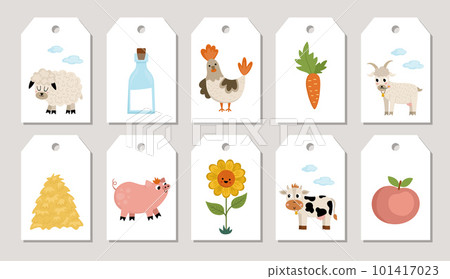 Cute farm price tag cards set with tractor, barn, farmer, cow. Vector country village print templates with cow, milk, hen, apple, hay stack, sunflower. Countryside design for tags, ads, local Cute farm price tag cards set with tractor, barn, farmer, cow. Vector country village print templates with cow, milk, hen, apple, hay stack, sunflower. Countryside design for tags, ads, local 101417023