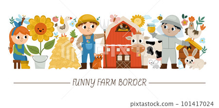 Vector horizontal border set with cute farmers and animals. Rural country card template design with farm characters. Cute countryside border with cow, sunflower, hen, beekeeper, milkmaid Vector horizontal border set with cute farmers and animals. Rural country card template design with farm characters. Cute countryside border with cow, sunflower, hen, beekeeper, milkmaid 101417024