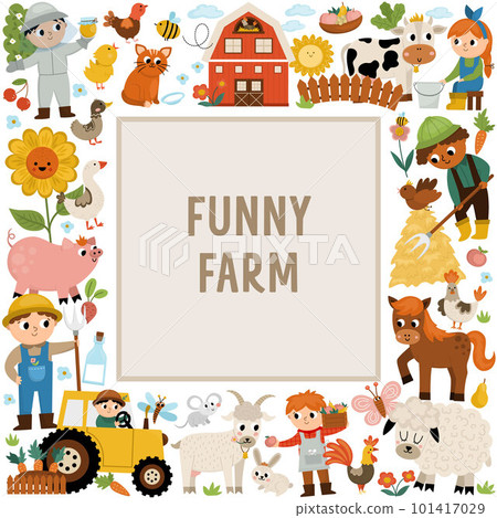 Vector farm square frame with farmers and animals. Rural country card template or local market design for banners, invitations. Cute countryside illustration with barn, cow, tractor, pig, hen, flower 101417029