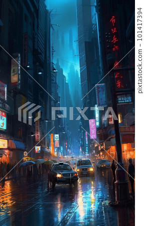 painting of busy city street at night in cyberpunk art style. painting of busy city street at night in cyberpunk art style. 101417394