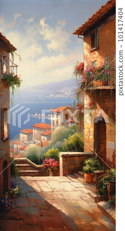 Painting of a street with potted plants overlooking ocean rocks. 101417404