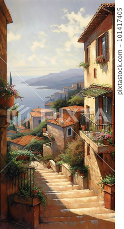 Painting of a street with potted plants overlooking ocean rocks. 101417405