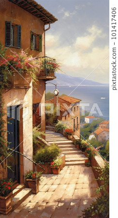 Painting of a street with potted plants overlooking ocean rocks. 101417406