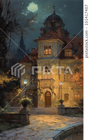 Picture of a building illuminated at night by autumn light in an elegant baroque style. 101417407