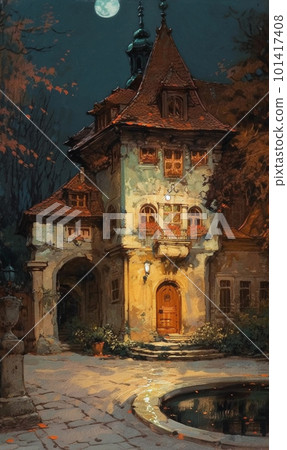 Picture of a building illuminated at night by autumn light in an elegant baroque style. Picture of a building illuminated at night by autumn light in an elegant baroque style. 101417408