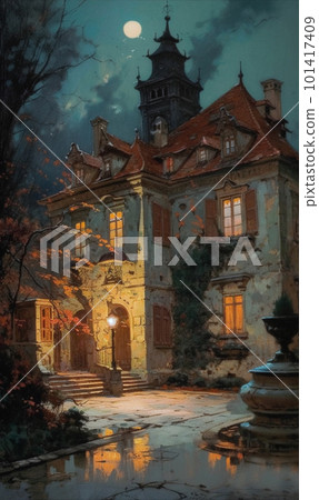 Picture of a building illuminated at night by autumn light in an elegant baroque style. 101417409