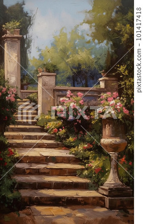Painting of a garden with stone steps in a macchiaioli park inspired. 101417418