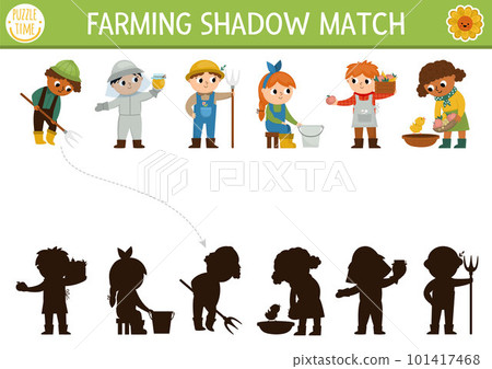 Farm shadow matching activity with cute kid farmers. Country village puzzle with beekeeper, market vendor, dairymaid. Find correct silhouette printable worksheet or game. On the farm page 101417468