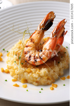 Grilled prawns and poutargue risotto 101417695