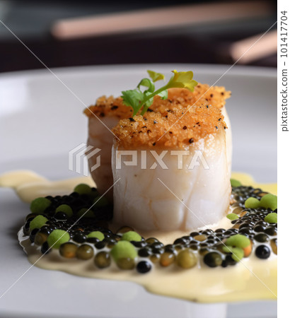 Scallop and prawn roulade with caviar and a sous vide cauliflower puree. 101417704