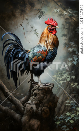 Colorful rooster sitting on a tree branch. 101417843
