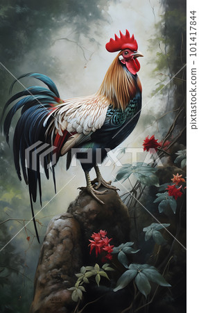 Colorful rooster sitting on a tree branch. 101417844