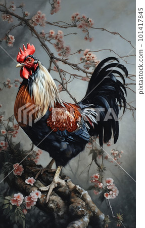 Colorful rooster sitting on a tree branch. 101417845
