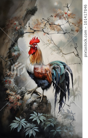 Colorful rooster sitting on a tree branch. 101417846