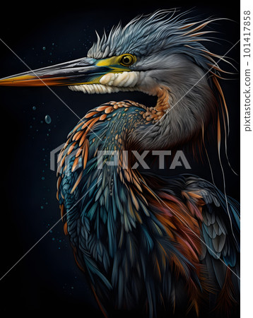 Heron bird detailed image on black background in the rain. 101417858