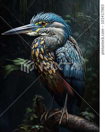 Heron bird detailed image on black background in the rain. 101417863