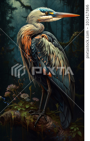 Heron bird detailed image on black background in the rain. 101417866