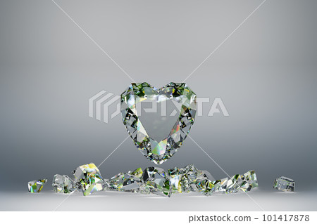透明綠色心形鑽石和破碎鑽石的 3D 插圖 透明綠色心形鑽石和破碎鑽石的 3D 插圖 101417878