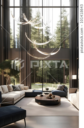living room filled with furniture and large floor-to-ceiling windows with a forest outside the window in dramatic lighting. living room filled with furniture and large floor-to-ceiling windows with a forest outside the window in dramatic lighting. 101418643