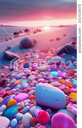 A beach with many colored stones glowing at sunset. 101418978