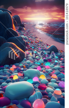 A beach with many colored stones glowing at sunset. 101418979