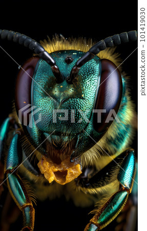 A bee on a flower is shown close up with its eyes and antennae clearly visible. 101419030