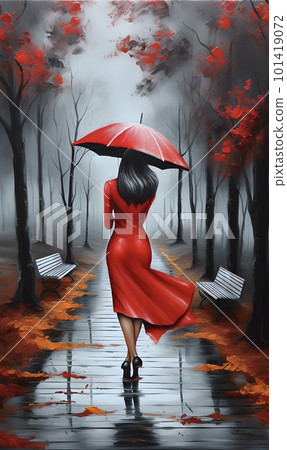 fitted lace wedding dress GICLEE PRINT Art Abstract Painting Girl Red Umbrella grey – Contemporary Art  by Christine main image 1