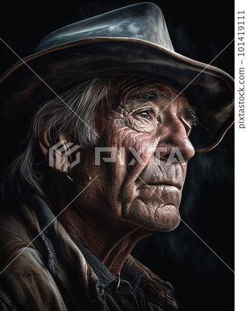Close-up of an older man portrait wearing a cowboy hat. 101419111